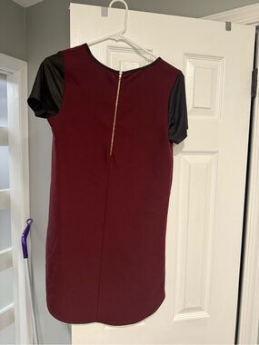 Windsor Burgundy Dress with Black Faux-Leather Sleeves